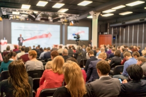 Lecture hall during a conference Speaker at a business conference